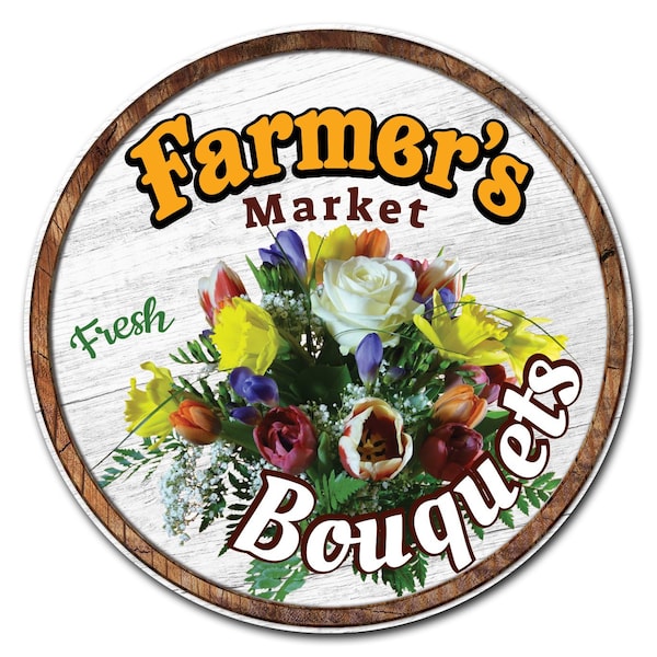 Corrugated Plastic Sign With Stakes 24in Circular-Farmers Market Bouquets, C-24-CIR-WS-Bouquets